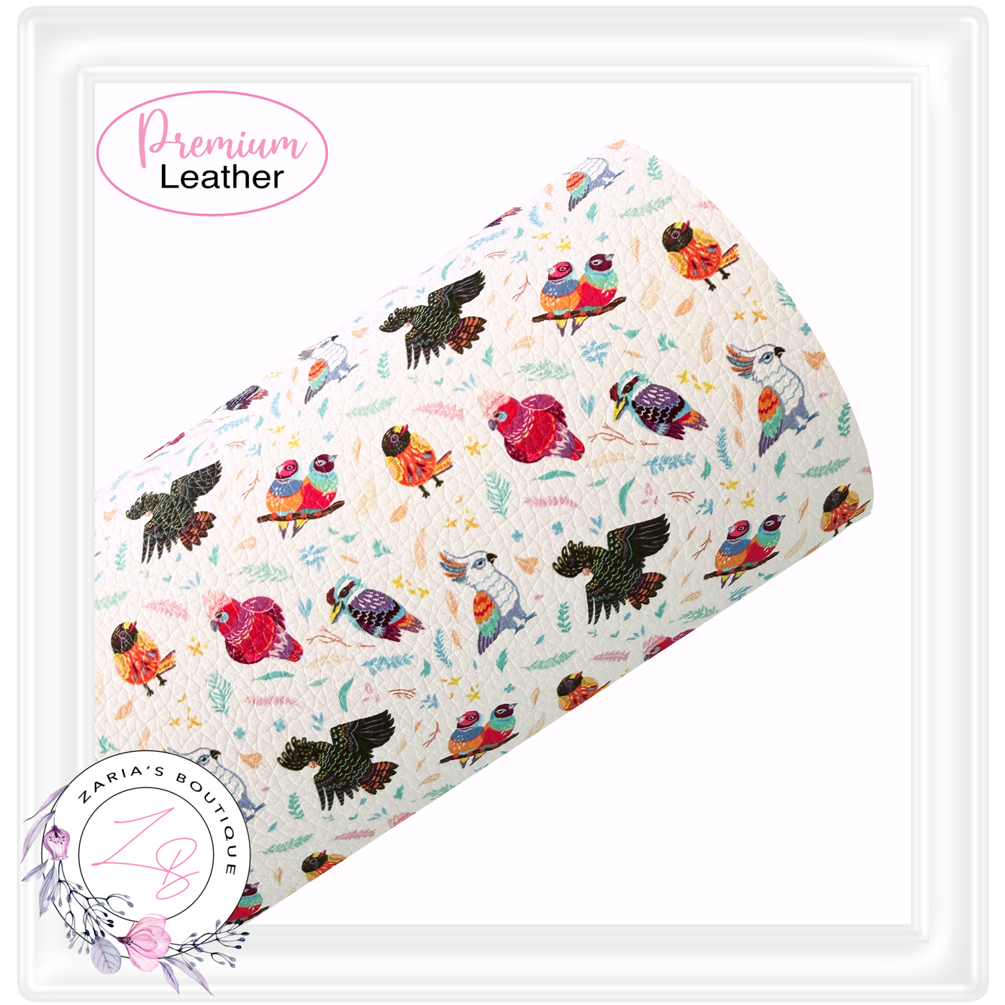 ⋅ Aussie Birds ⋅ White ⋅ Premium Printed Litchi Vegan Faux Leather