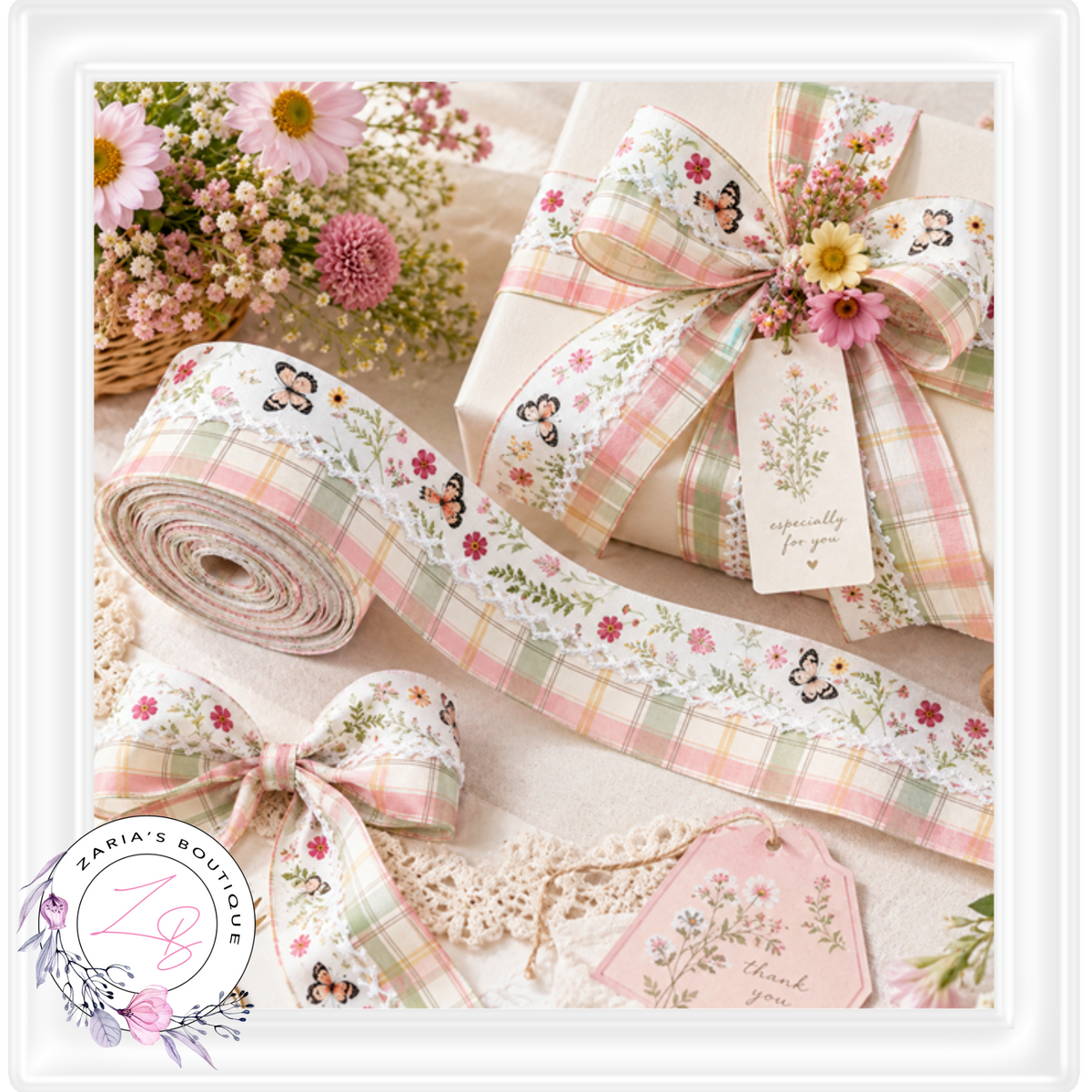 ⋅ RIBBON ⋅ 32mm Satin Scallop Stitch ⋅ Butterfly Check ⋅ 1 Yard 90cm ⋅