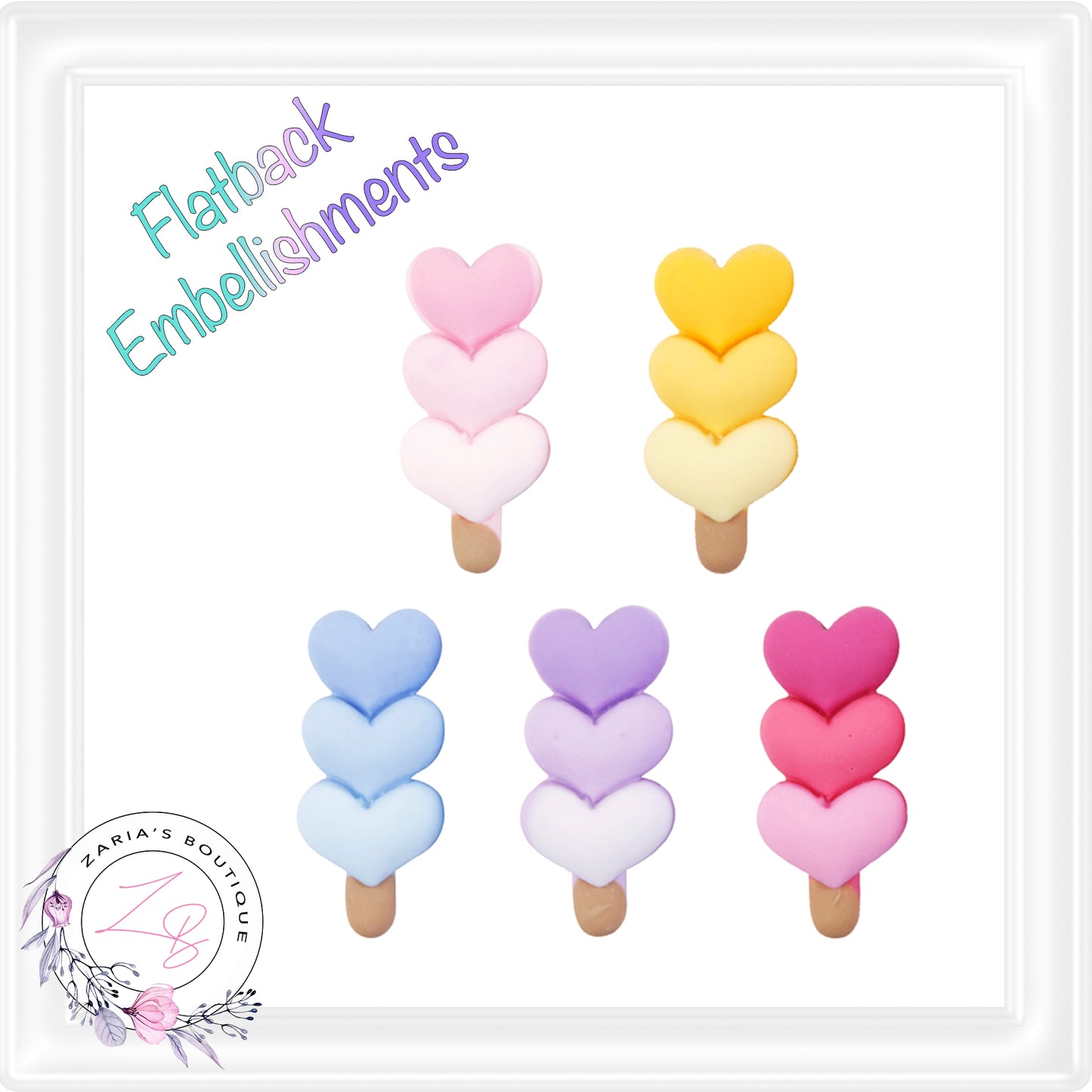 • Heart Popsicles • Flat Back Cabochon Resin Craft Embellishments • Set of 2 •
