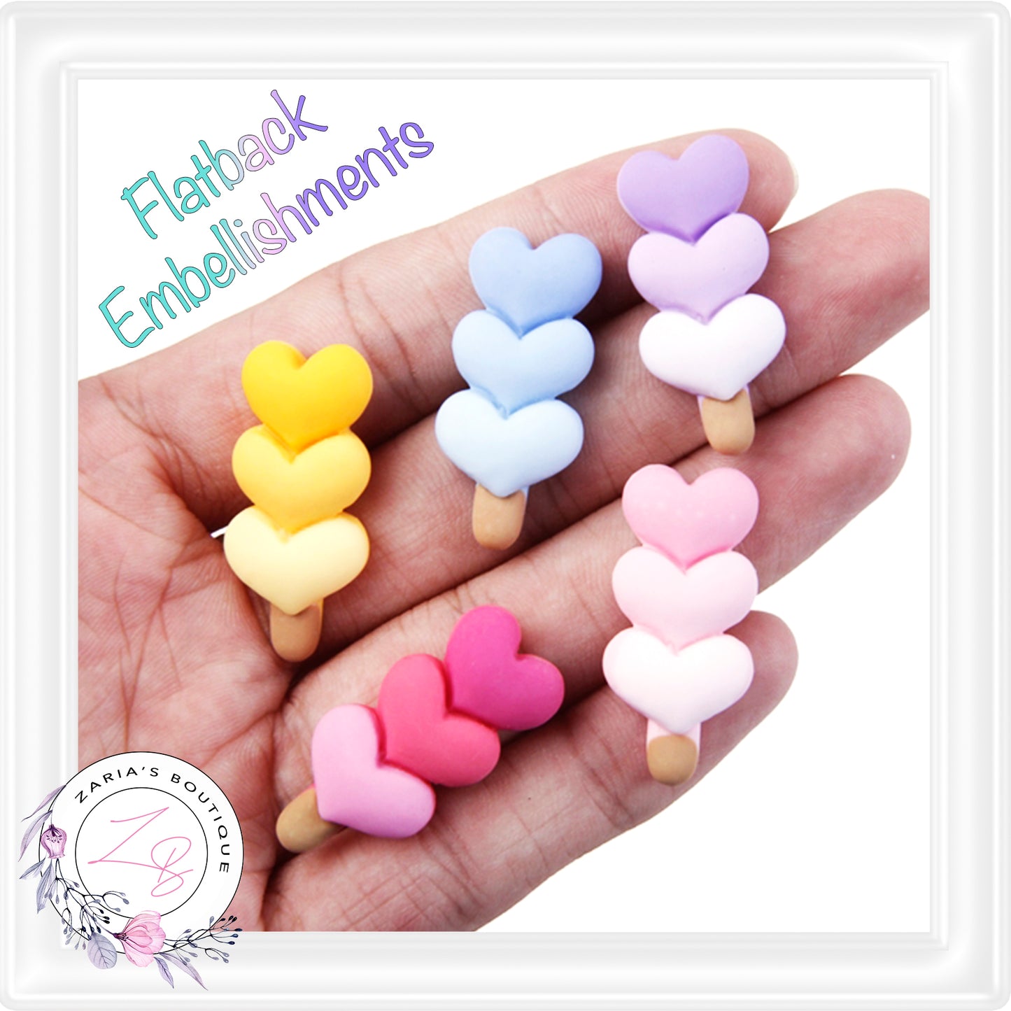 • Heart Popsicles • Flat Back Cabochon Resin Craft Embellishments • Set of 2 •