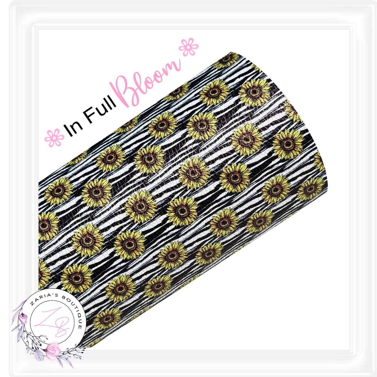 A roll of faux leather fabric featuring a black and white zebra stripe pattern with a repeating yellow and black sunflower print, displayed on a white background with decorative text and a brand logo.