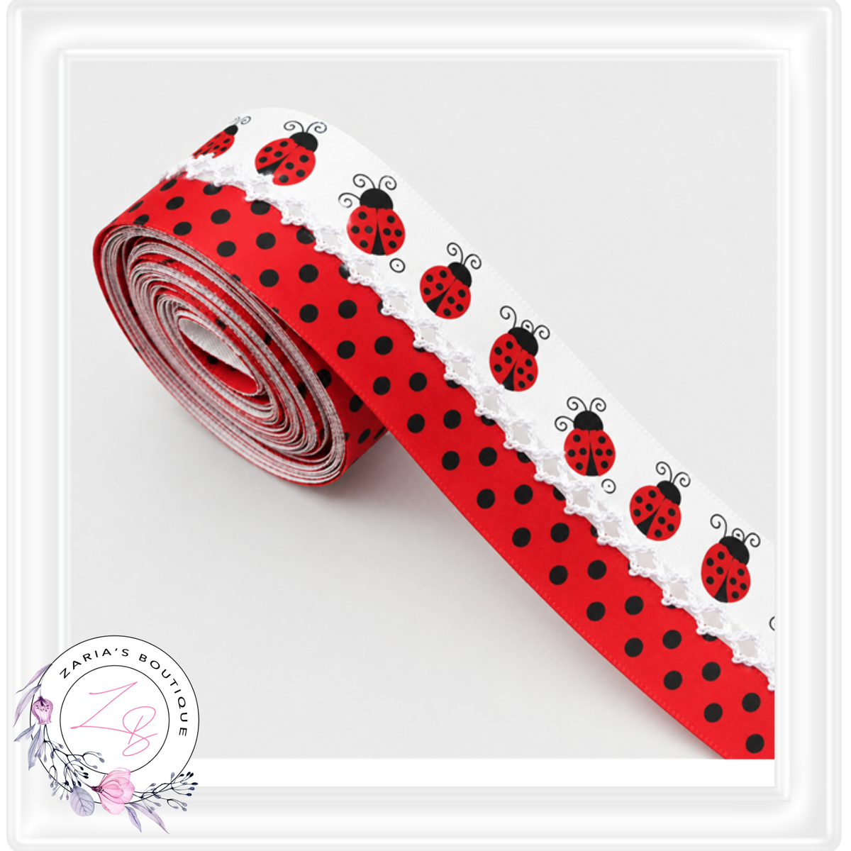 ⋅ RIBBON ⋅ 32mm Satin Scallop Stitch ⋅ Ladybug Spots ⋅ 1 Yard 90cm ⋅