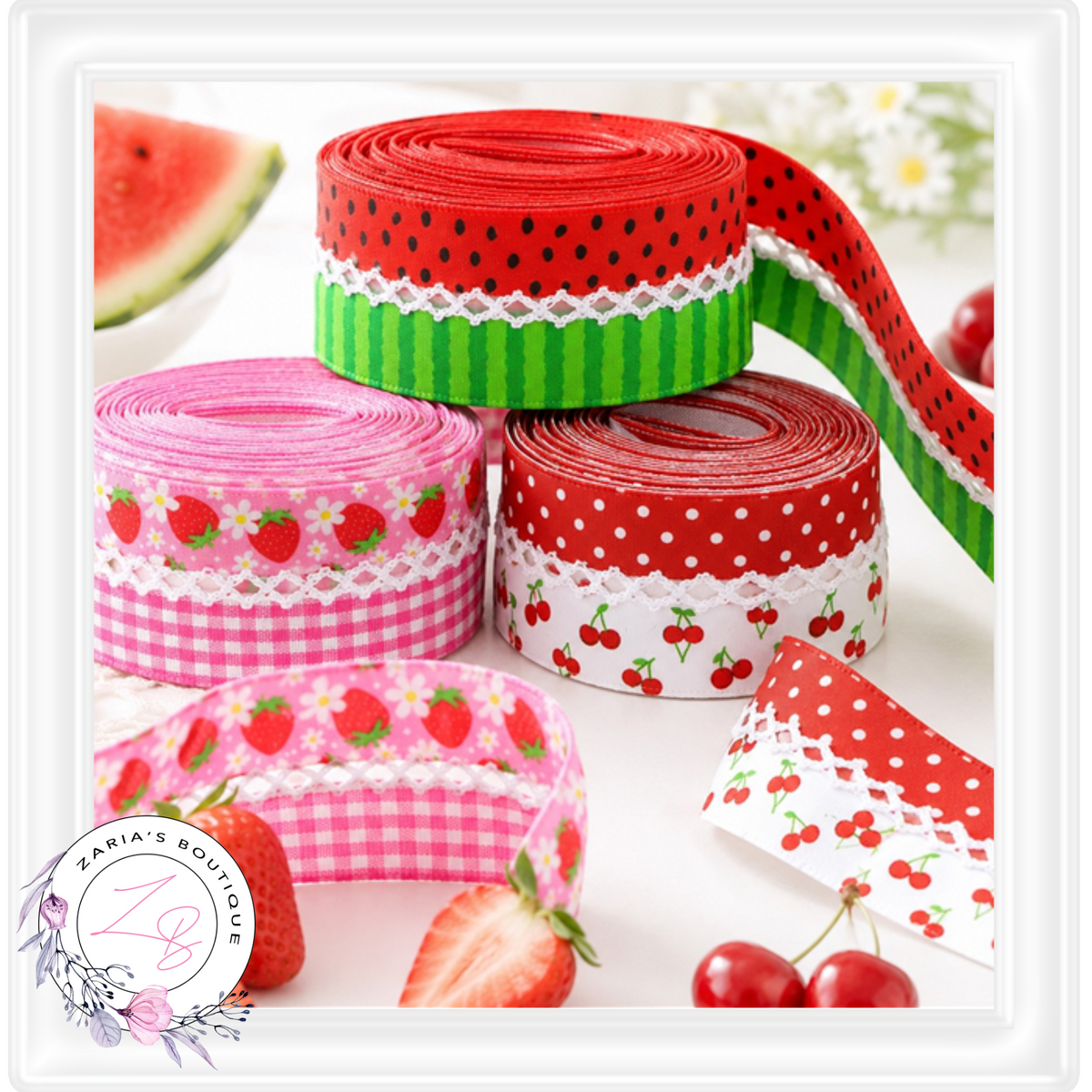 ⋅ RIBBON ⋅ 32mm Satin Scallop Stitch ⋅ Cherry Spots⋅ 1 Yard 90cm ⋅