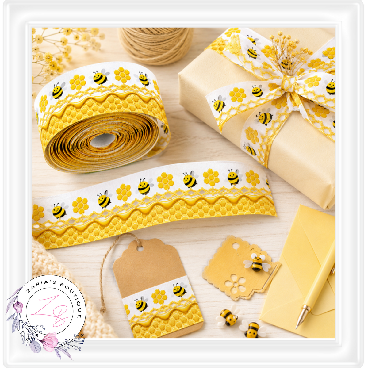 ⋅ RIBBON ⋅ 32mm Satin Scallop Stitch ⋅ Honeycomb Bees ⋅ 1 Yard 90cm ⋅