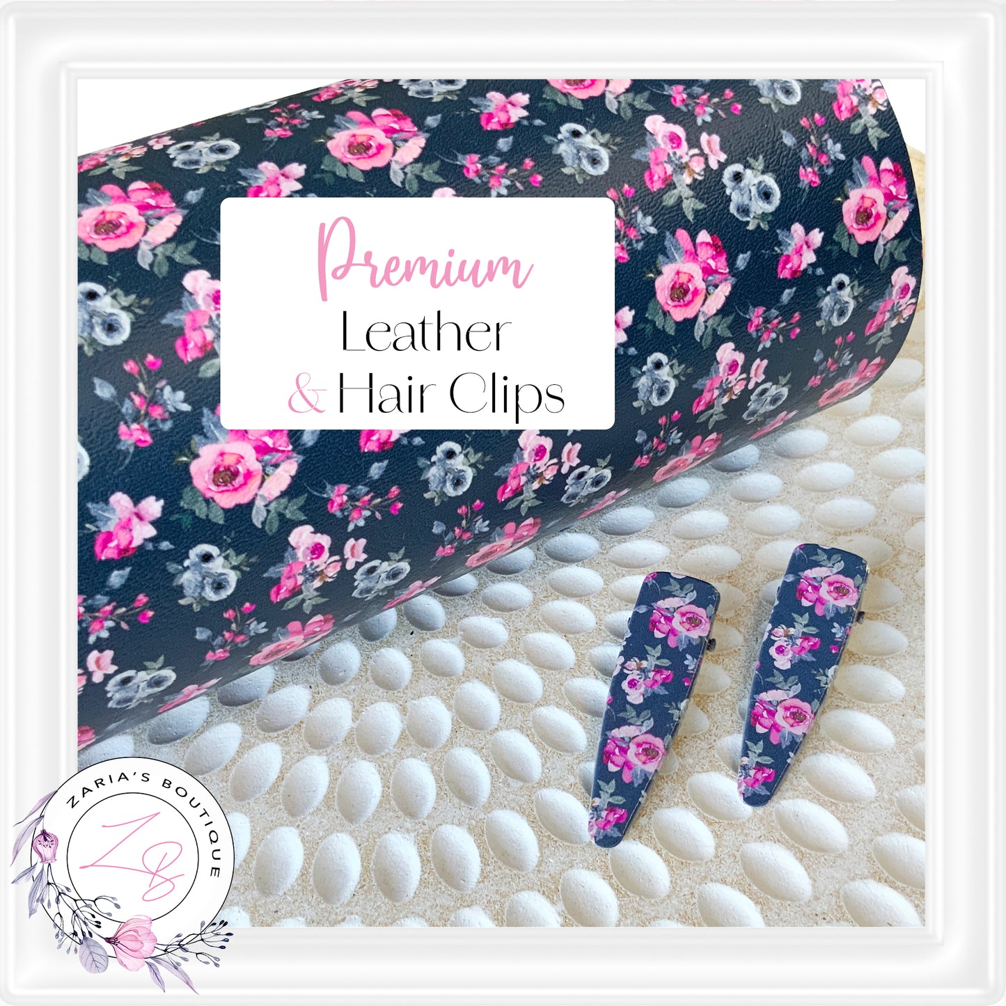 ⋅ Alaina Floral ⋅ Pink Roses on Navy ⋅ Premium Faux Leather & Hair Clips ⋅