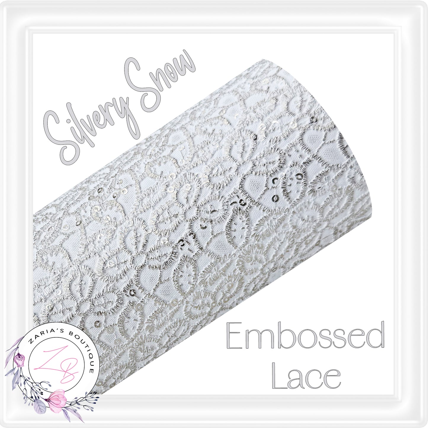⋅ Metallic Embossed Floral Lace ⋅ Vegan Faux Leather ⋅ Silvery Snow ⋅