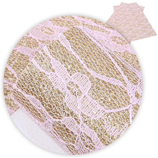 SALE Gold & Pink Lace Floral ~ Faux Leather Craft Fabric Sheets