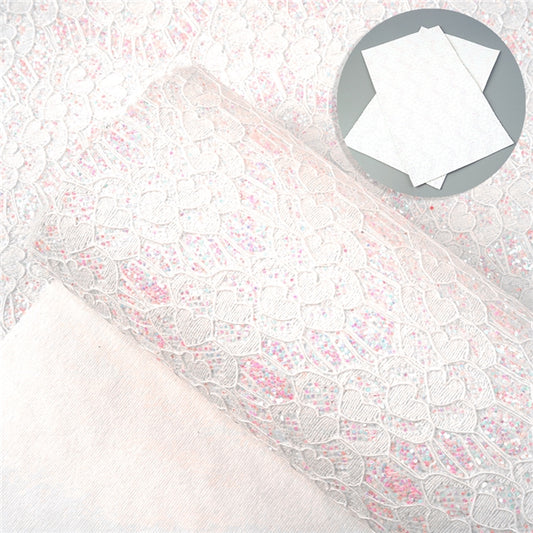 White AB Glitter Lace ~ Faux Leather Craft Fabric