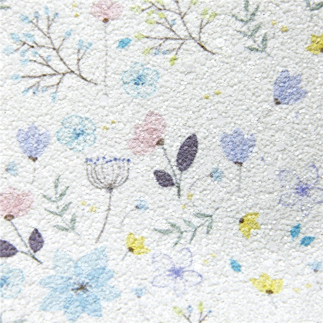 Chunky Glitter Floral ~ White Blue Yellow Canvas Craft Fabric Sheets