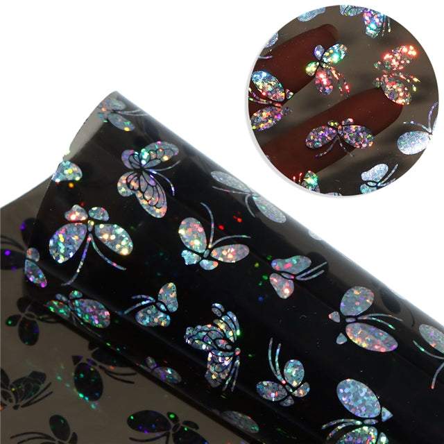 Holographic Silver Butterfly on Transparent Pink ~ Blue or Black PU
