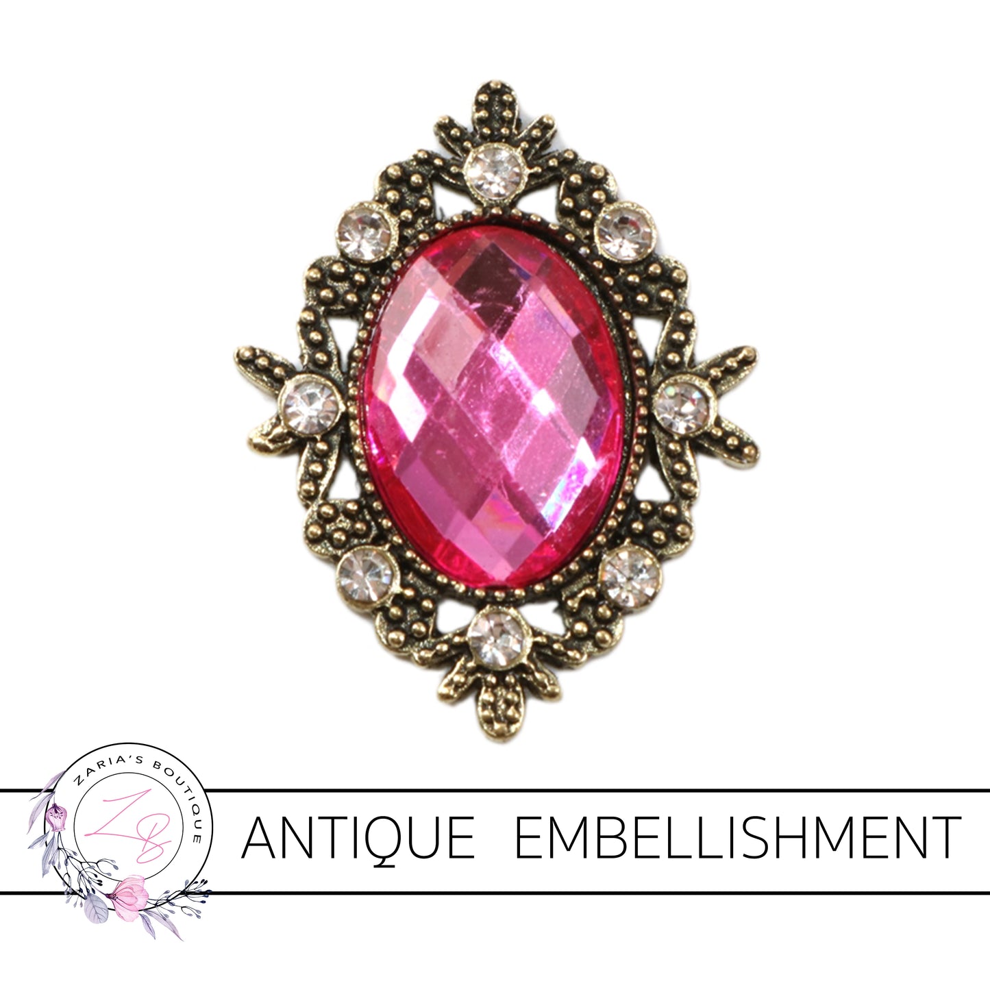 Antique Style Metal Flat Back Embellishment ~ Hot Pink ~ 1 Piece