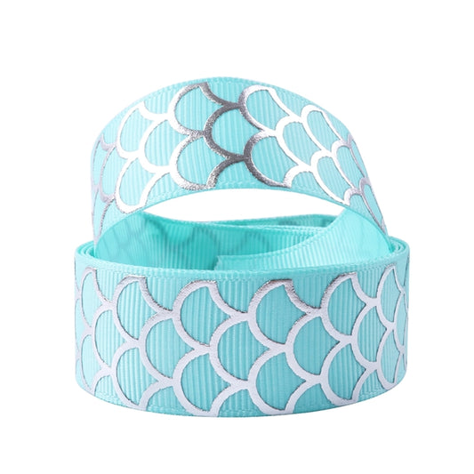 2 yards ~ Silver Foil Aqua Mermaid Scale Grosgrain Ribbon ~  7/8" ~ 22mm