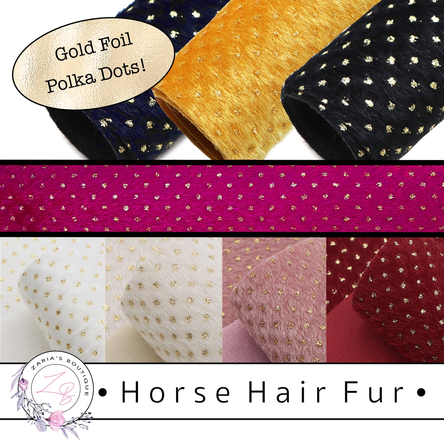 SALE ⋅ Horse Hair Fur ⋅ Gold Foil Polka Dots ⋅ Vegan ⋅ 8 Colours ⋅