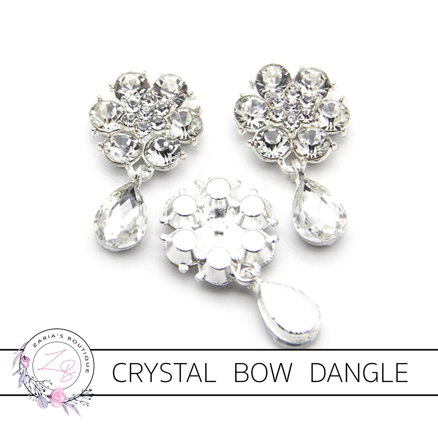 Antique Style Silver Metal Flat Back Dangle Embellishment ~ Clear Crystal ~ x 2 Pieces
