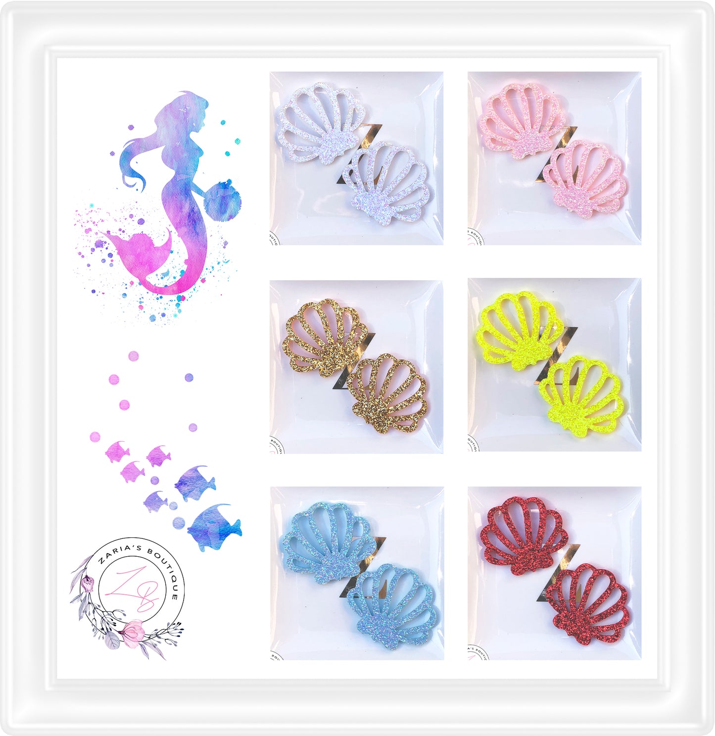 ⋅ Glitter Shells ⋅ Bow & Hair Clip Embellishments ⋅ 6 Colours ⋅