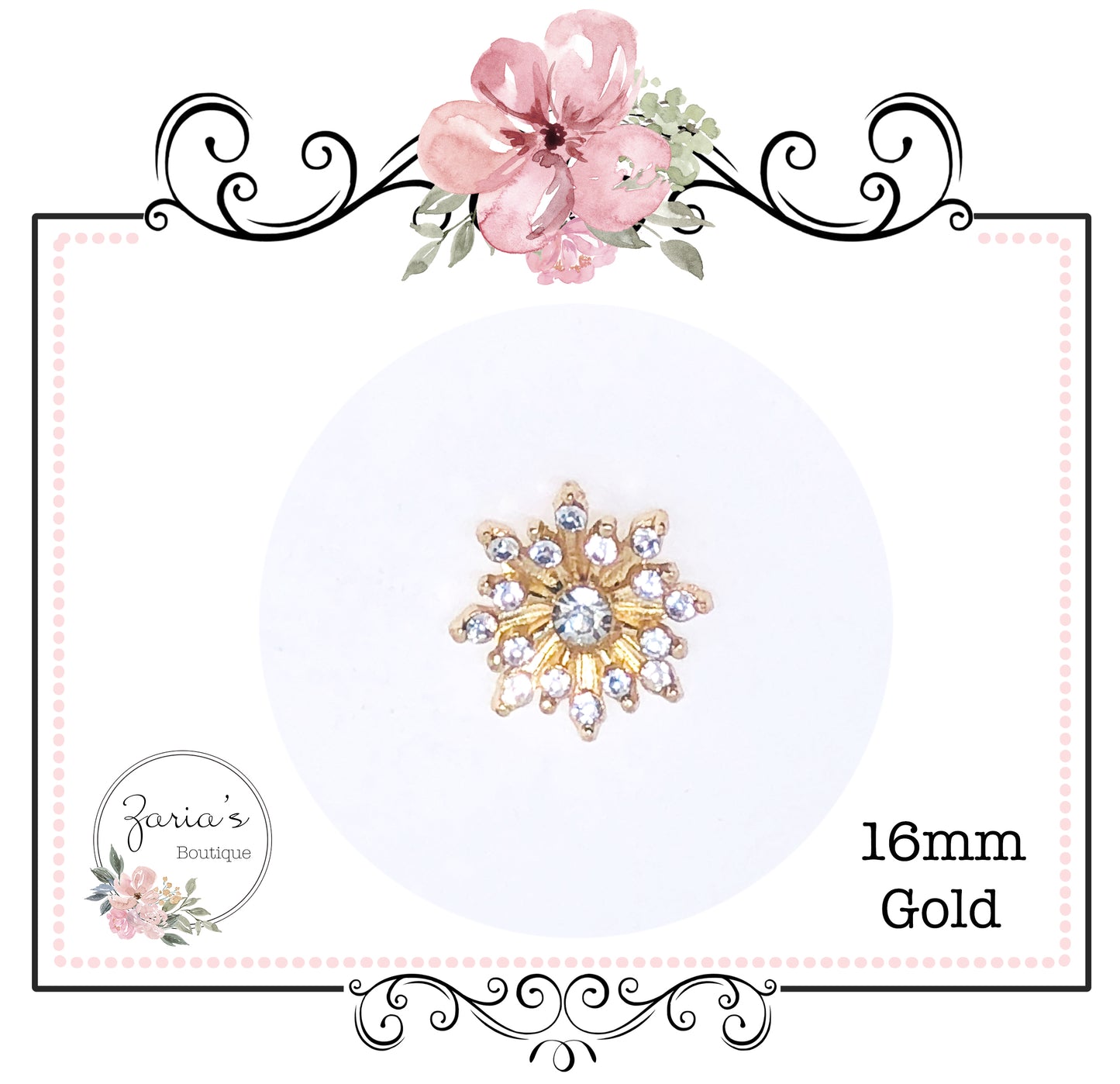 Gold Crystal Embellishments ~ High Quality Metal Flat Back ~ 16mm