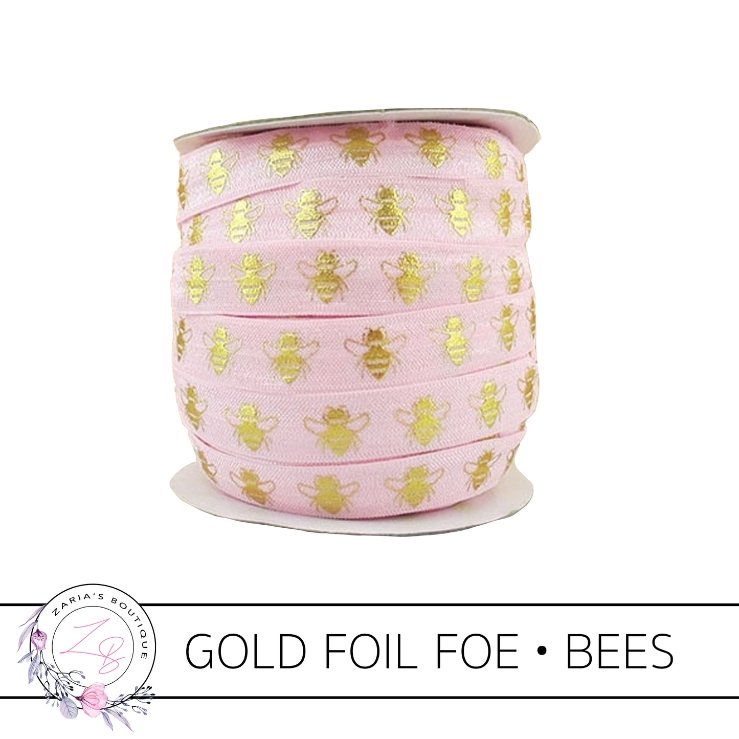 FOE • Gold Foil Embossed Bees • Pink • Headband Elastic • Fold Over Elastic