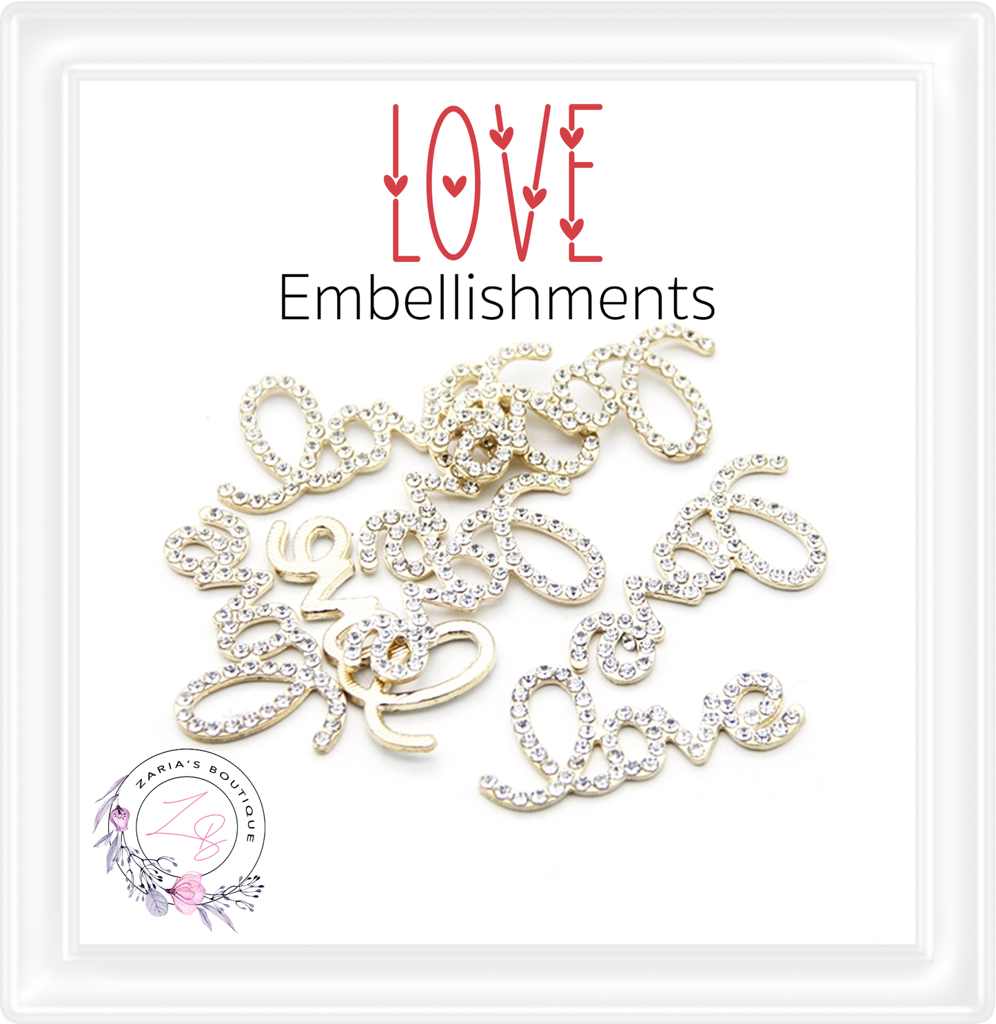 Rhinestone Embellishment ⋅ LOVE ⋅ Silver, Gold or Red