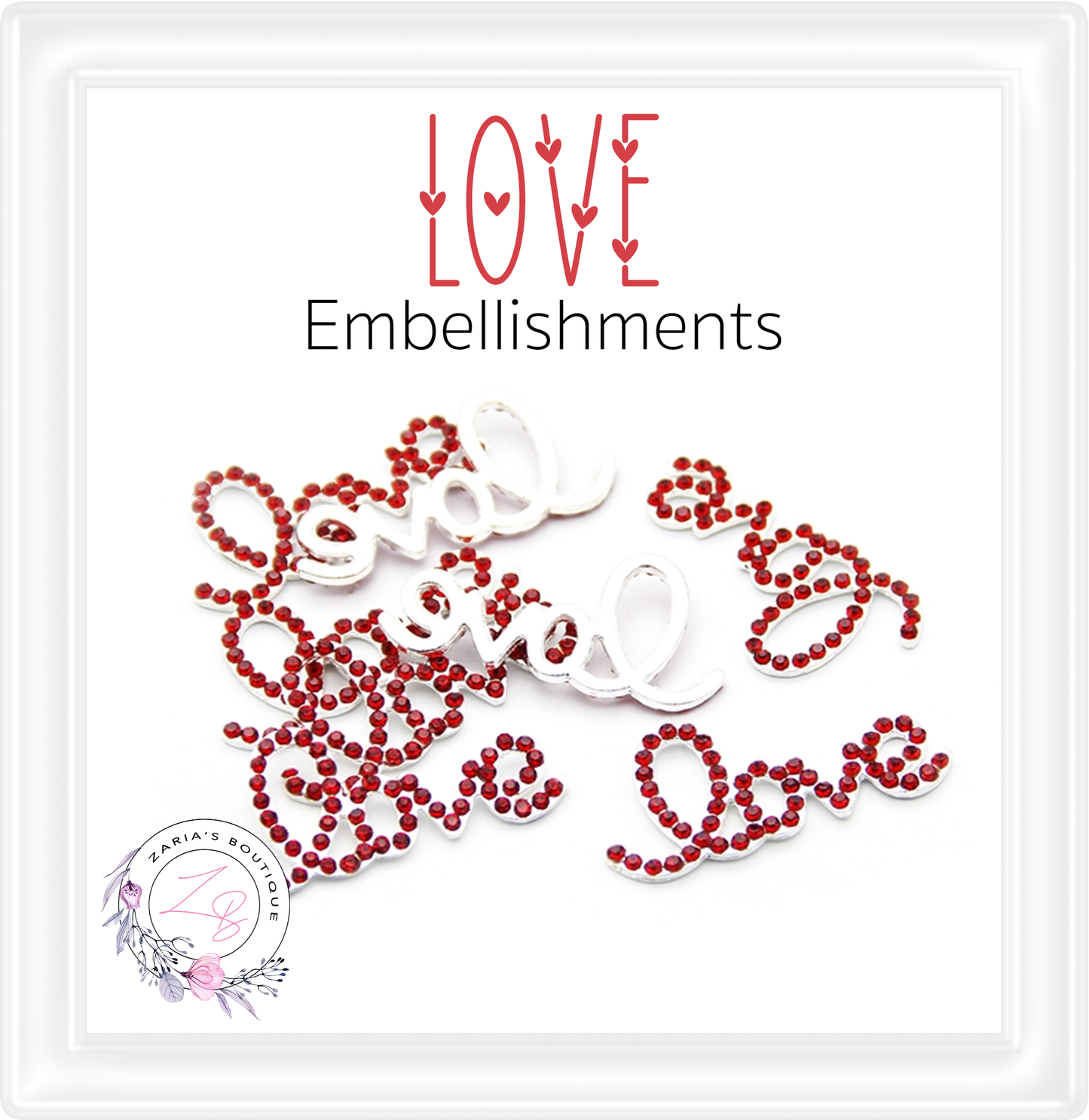 Rhinestone Embellishment ⋅ LOVE ⋅ Silver, Gold or Red