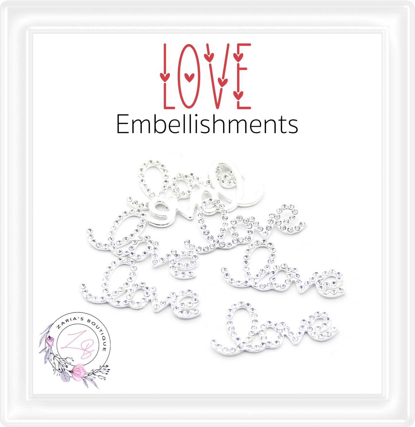 Rhinestone Embellishment ⋅ LOVE ⋅ Silver, Gold or Red