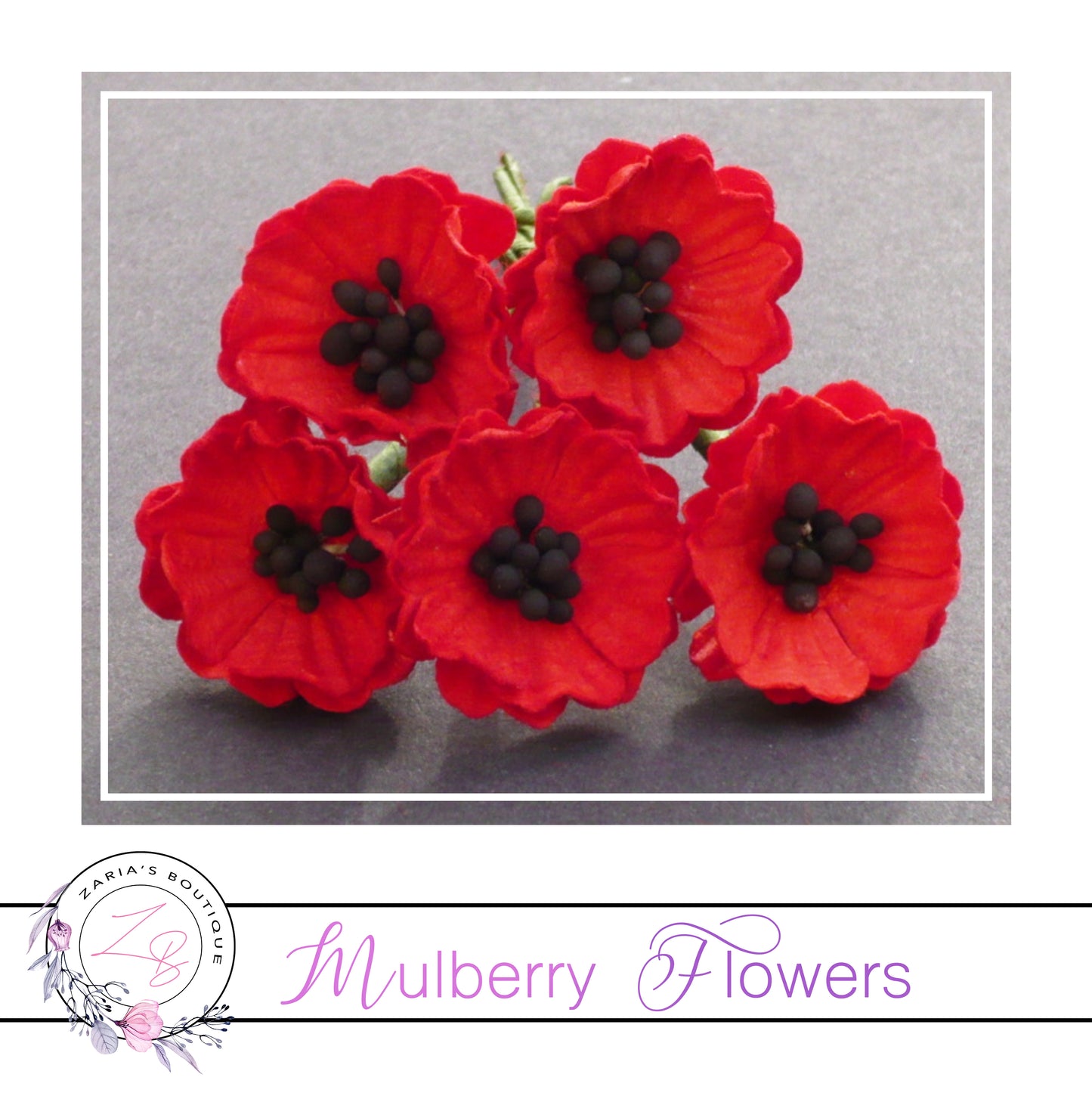 Mulberry Paper Flowers ~ Red Poppy ~ 20mm ~ 5 Pieces
