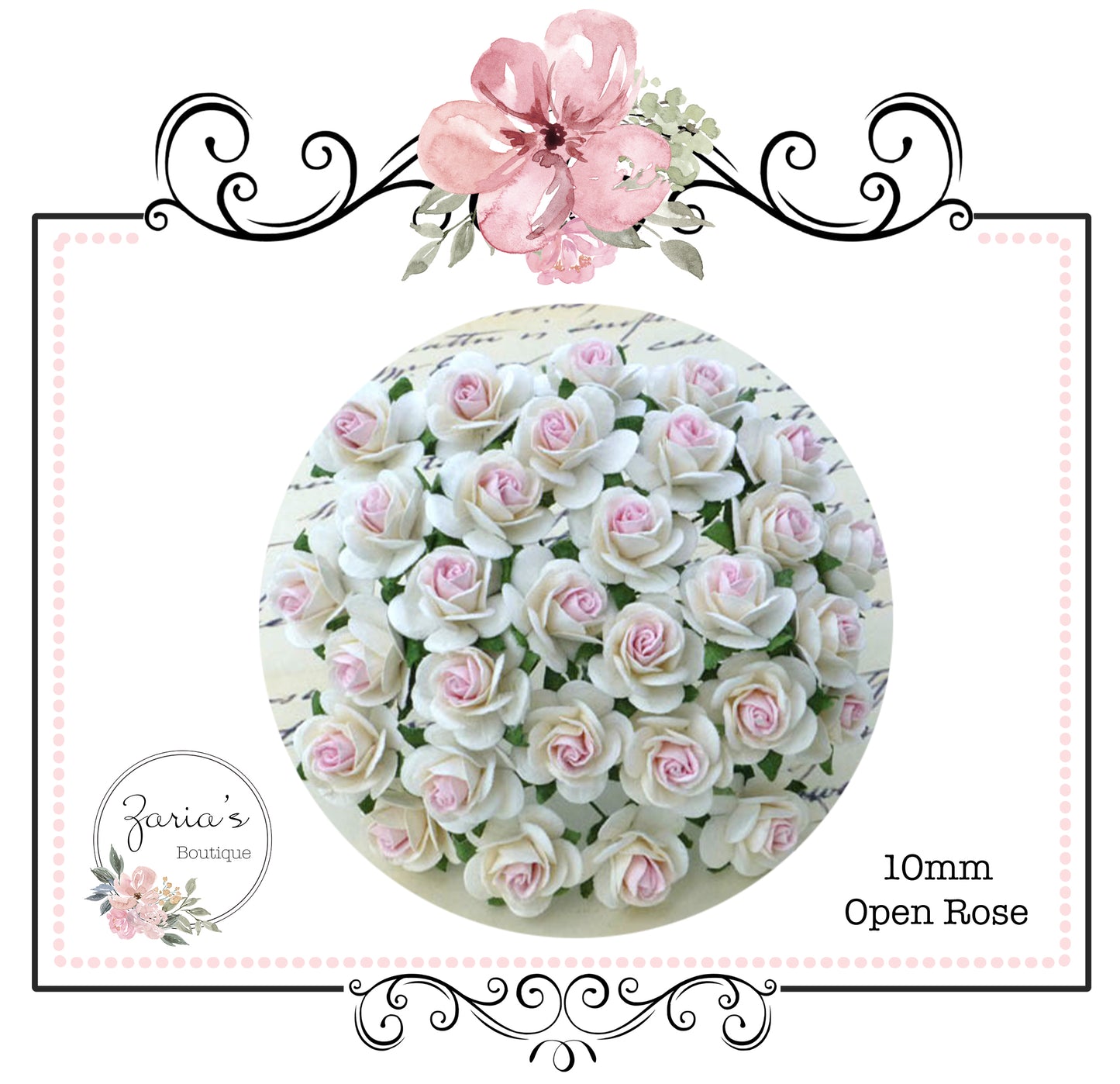 Mulberry Paper Flower ~ Two-Tone White & Pink Open Rose ~ 10mm x 10 pieces