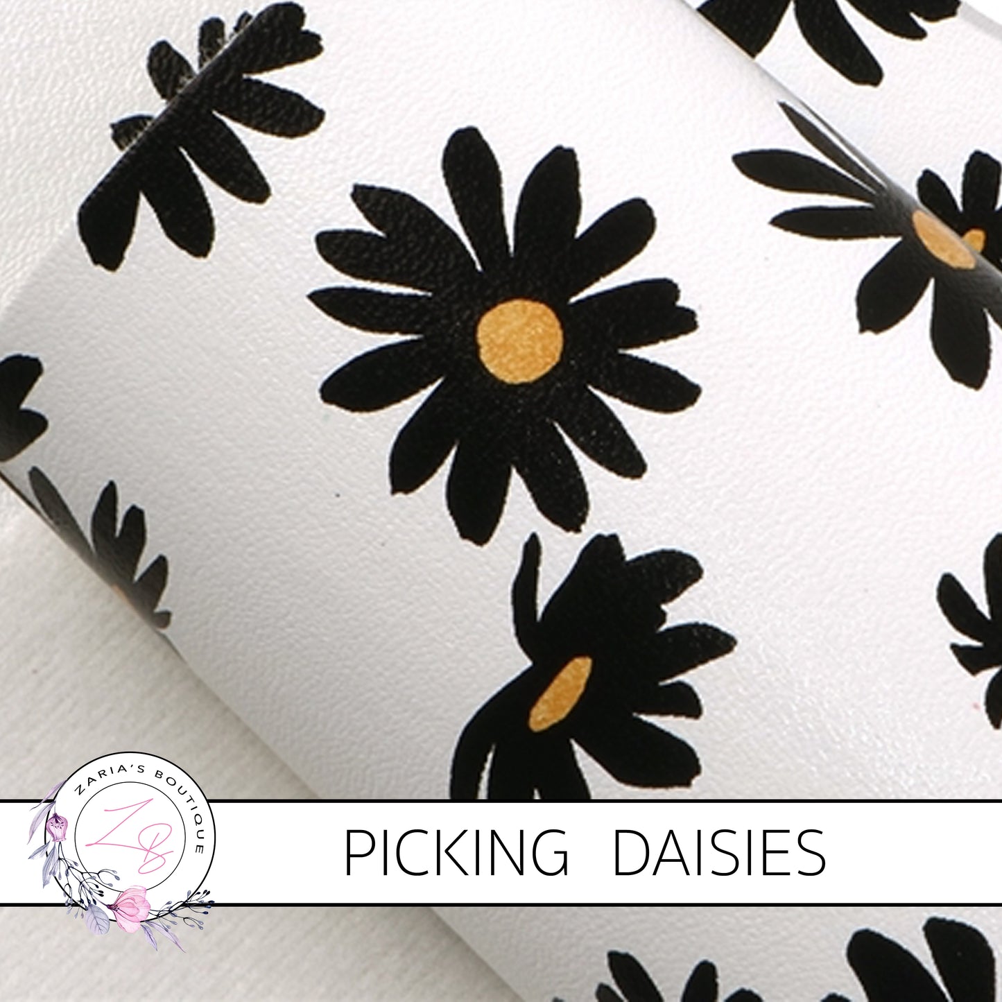 SALE Picking Daisies ~ Black & White Floral Faux Leather ~ 1mm