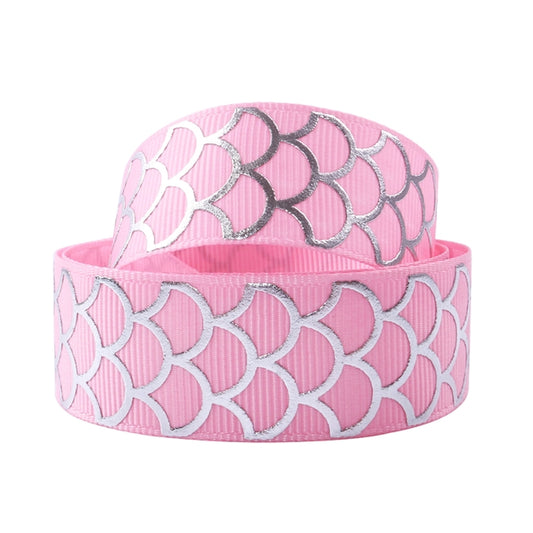 2 yards ~ Silver Foil Pink Mermaid Scale Grosgrain Ribbon ~  7/8" ~ 22mm