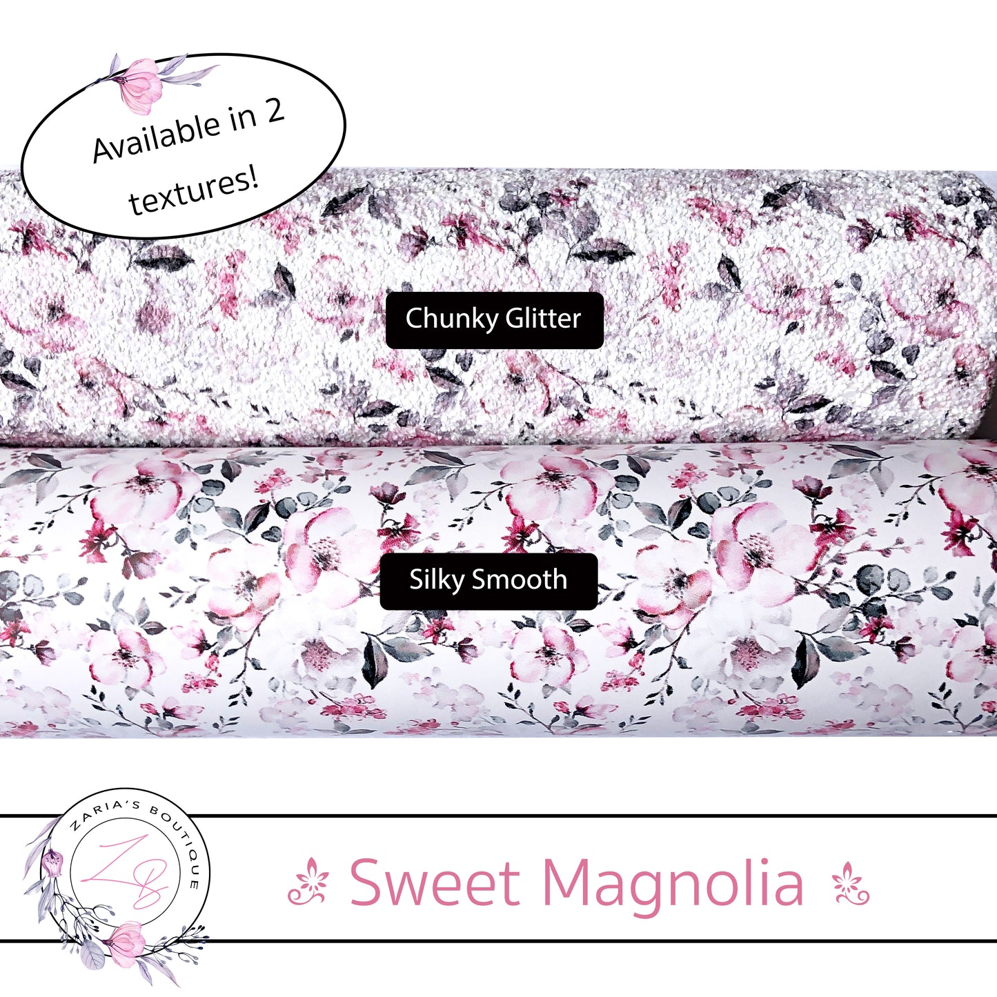 ⋅ Sweet Magnolia ⋅ Pink & Grey Flowers ⋅ Silky Smooth or Chunky Glitter ⋅
