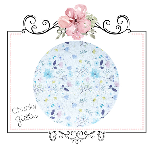Chunky Glitter Floral ~ White Blue Yellow Canvas Craft Fabric Sheets