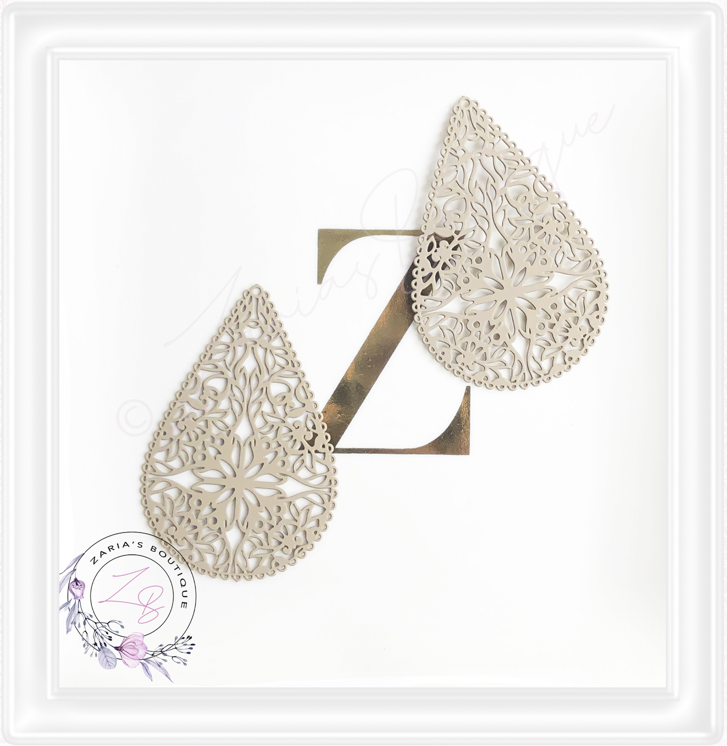 ⋅ Beige Teardrop Lace Earring Pendant Charms ⋅ Metal ⋅ 2 Pieces ⋅