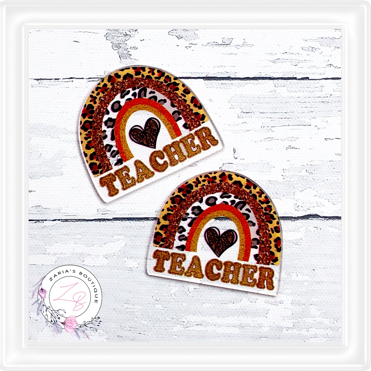 • Leopard Teacher Rainbow • Transparent Acrylic Flatback Craft Embellishments • Set of 2 •