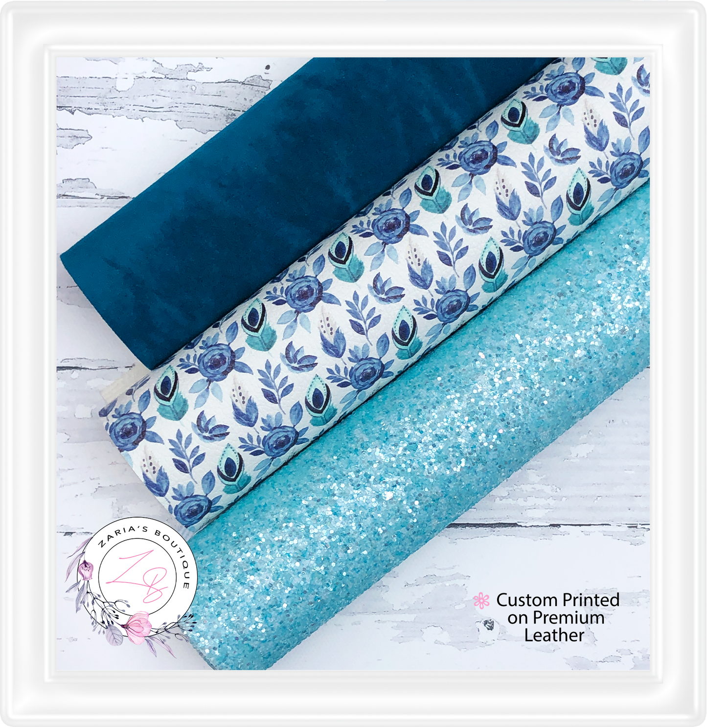 ⋅ Blue Peacock Feather Bundle ⋅ Premium Custom Vegan Faux Leather Glitter & Velvet