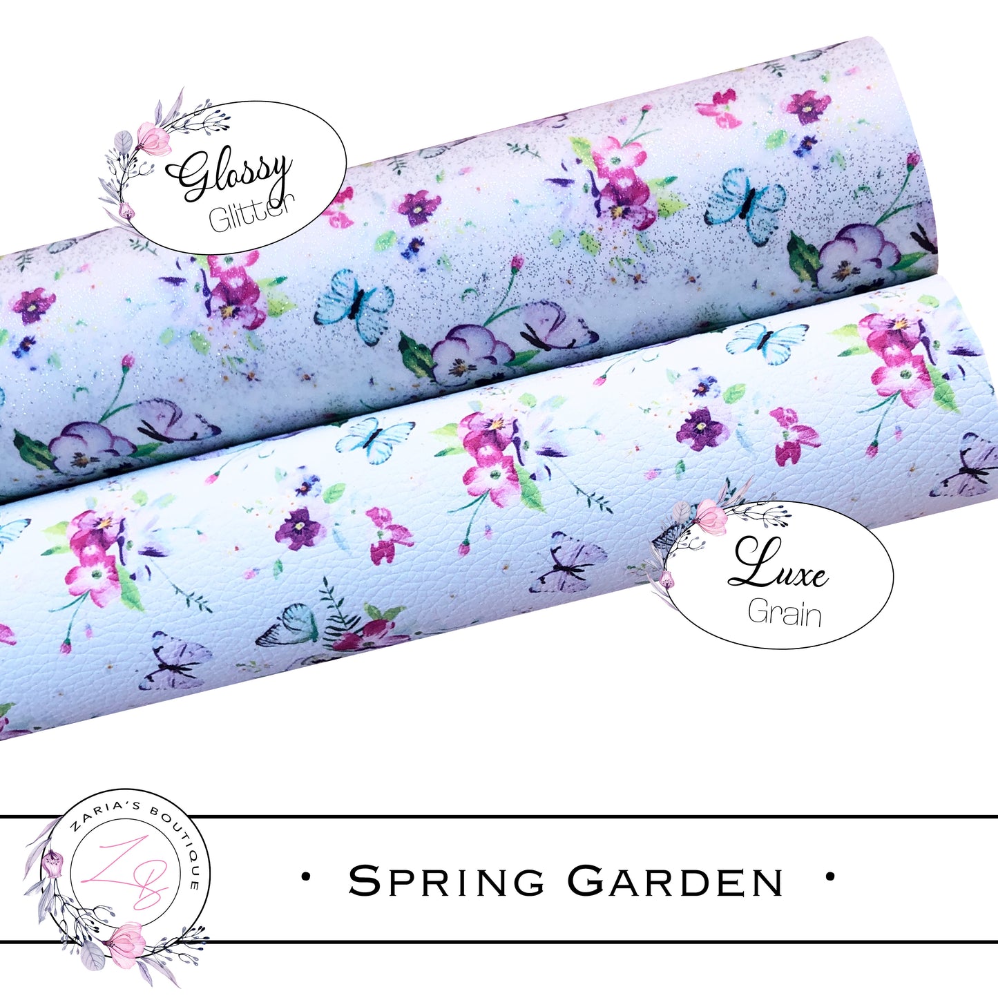 SALE ⋅ Spring Garden ⋅ Blue Pansies & Butterflies ⋅ Floral Luxe Grain or Smooth Glossy Glitter ⋅