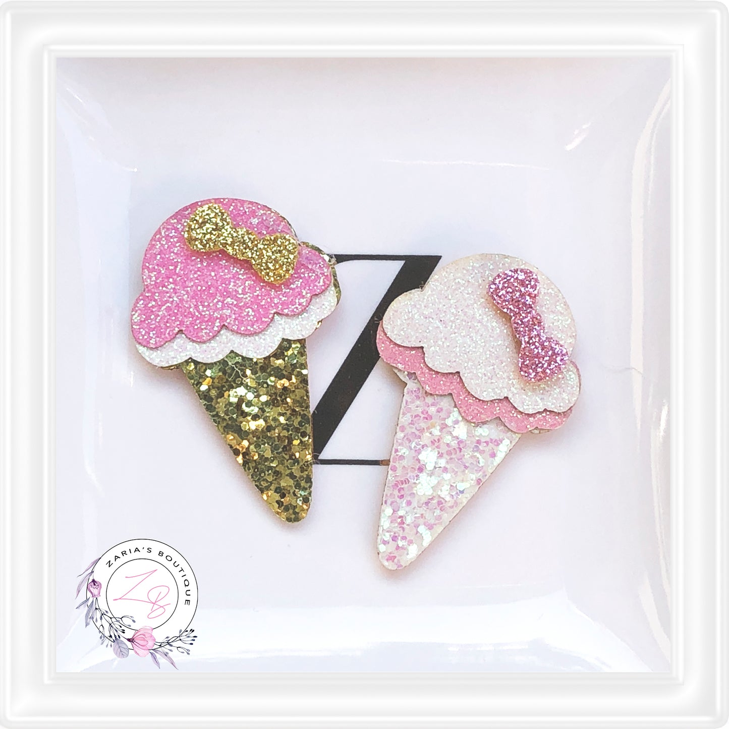• Glitter Ice Cream Cones • Bow & Hair Clip Embellishments • 2 Flavours • Per Pair •