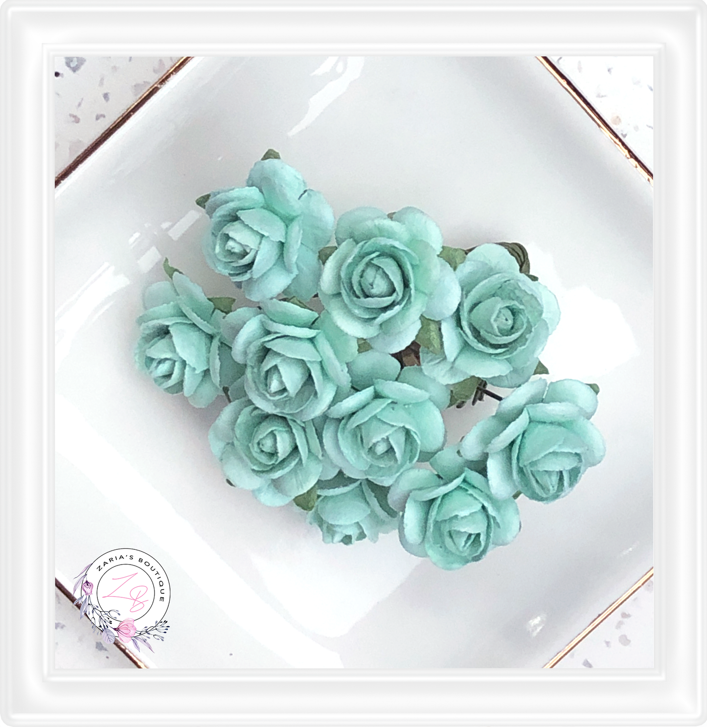 ⋅ Authentic Mulberry Paper Flowers ⋅ 15mm Mint Green Roses ⋅ 10 pieces