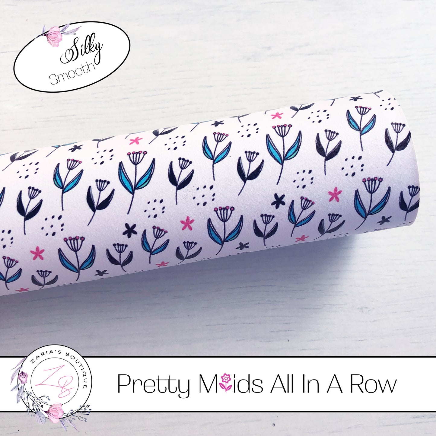 ⋅ Pretty Maids All In A Row ⋅ Black & White Floral Blue Pink Flowers ⋅ Vegan Faux Leather ⋅