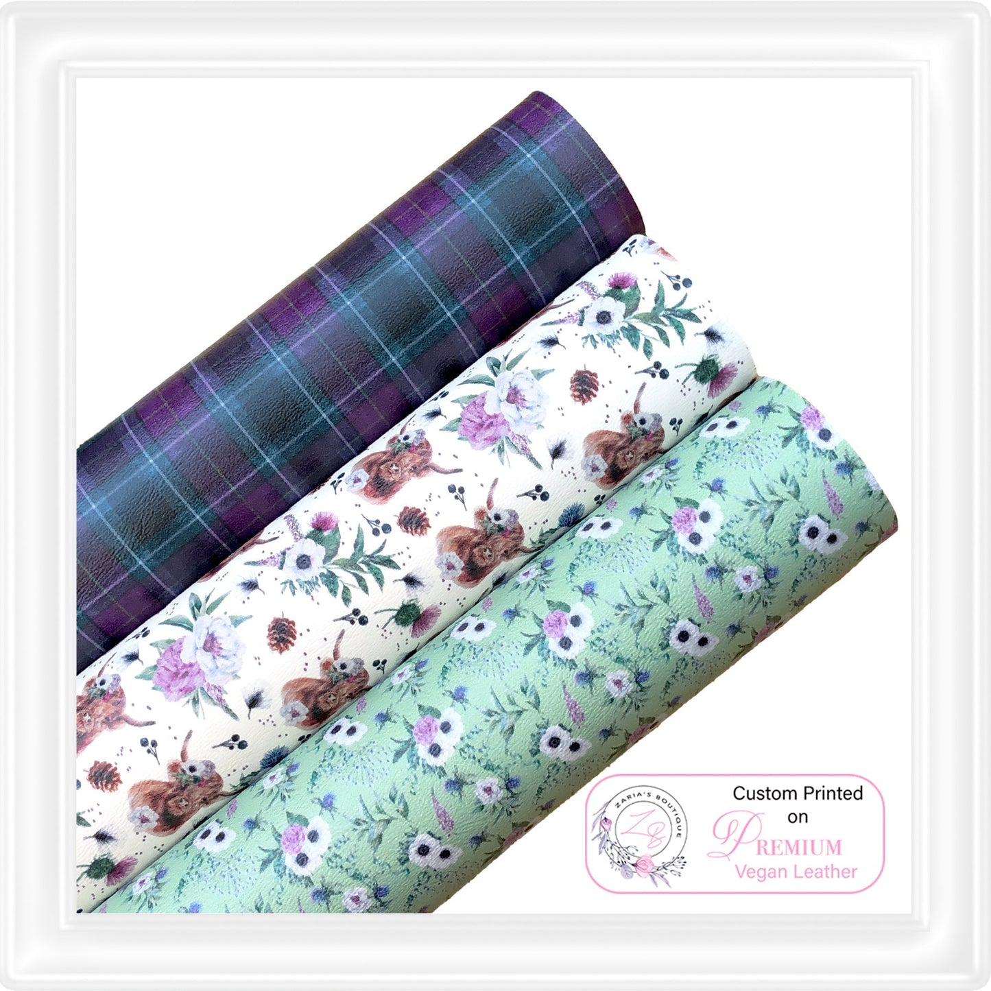 ⋅ My Highland Home ⋅ Highland Cow Floral ⋅ Custom Printed Vegan Faux Leather ⋅