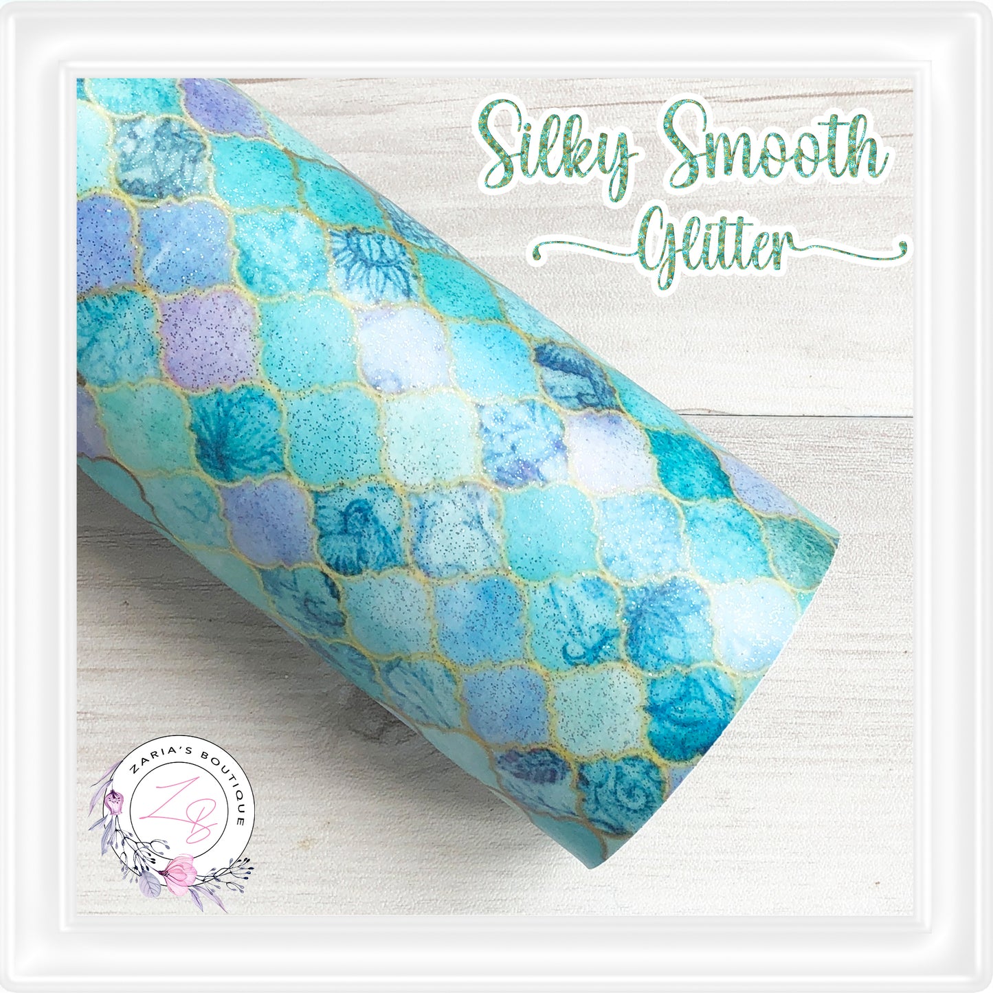 ⋅ Aqua Blue Arabesque Tiles ⋅ Silky Smooth Glitter Faux Leather ⋅