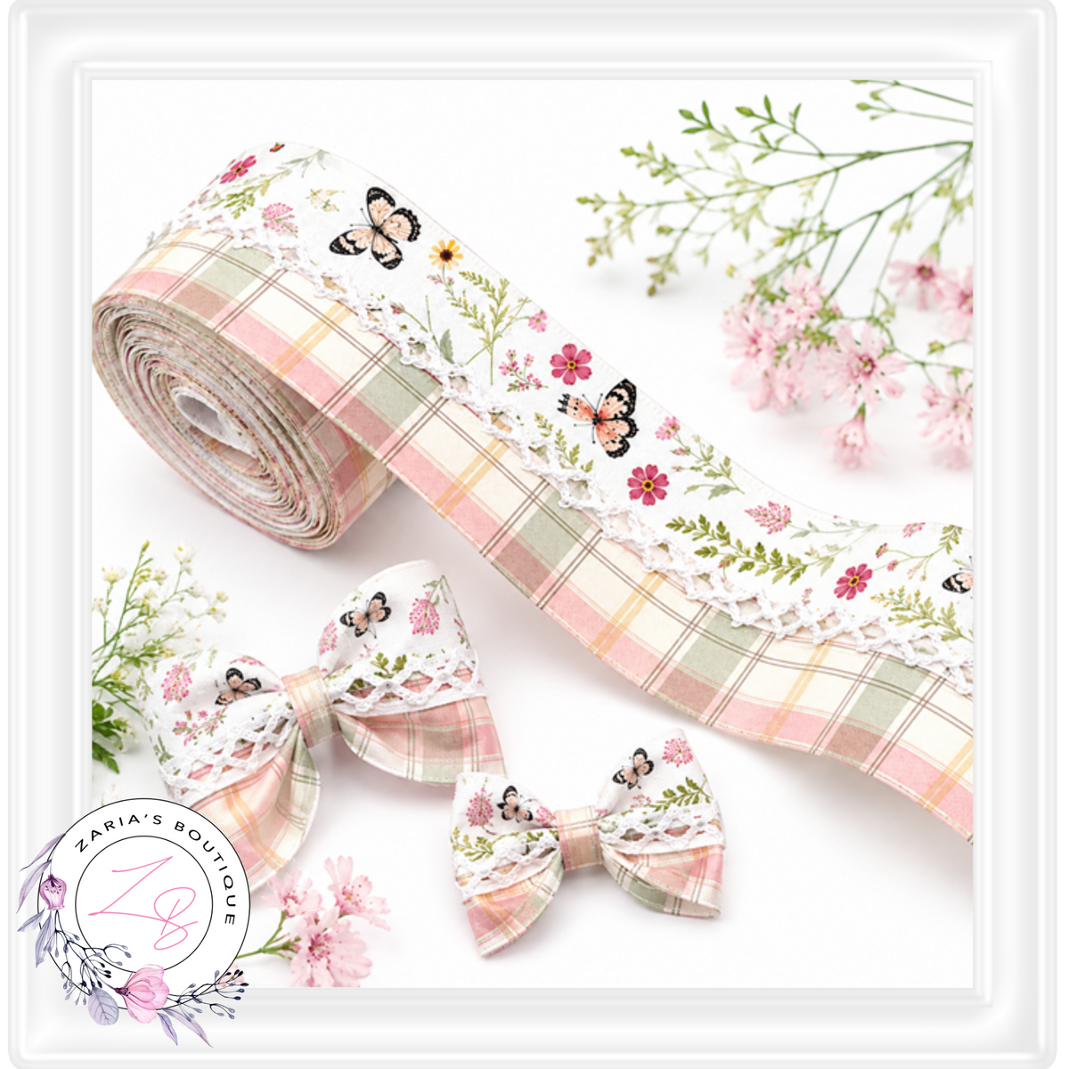 ⋅ RIBBON ⋅ 32mm Satin Scallop Stitch ⋅ Butterfly Check ⋅ 1 Yard 90cm ⋅