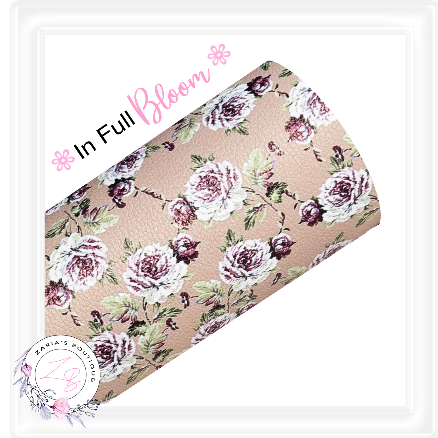A roll of floral faux leather fabric with a beige background and a rose pattern in white, burgundy, and green, displayed on a white background with decorative text and a brand logo.