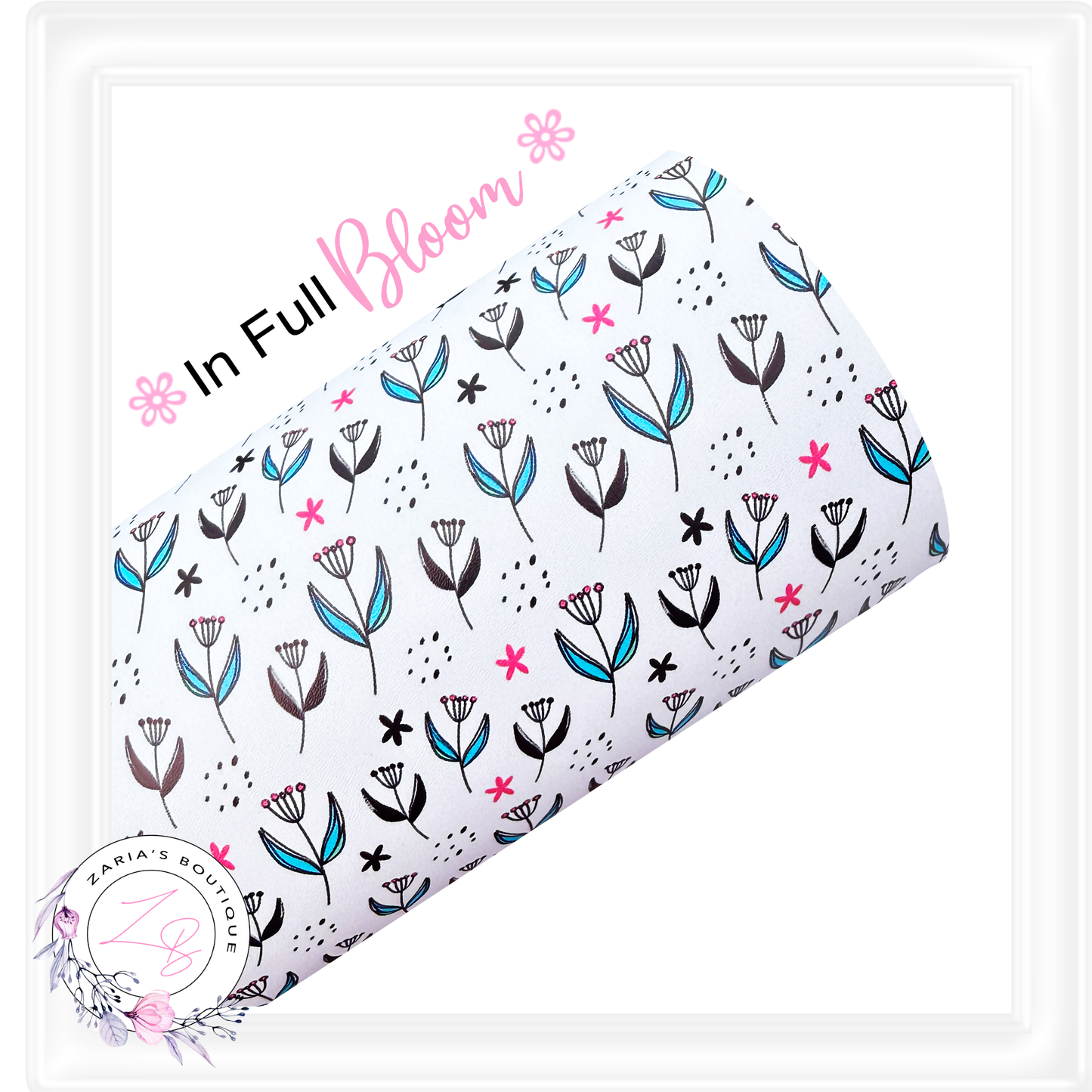 ⋅ Pretty Maids All In A Row ⋅ Black & White Floral Blue Pink Flowers ⋅ Vegan Faux Leather ⋅