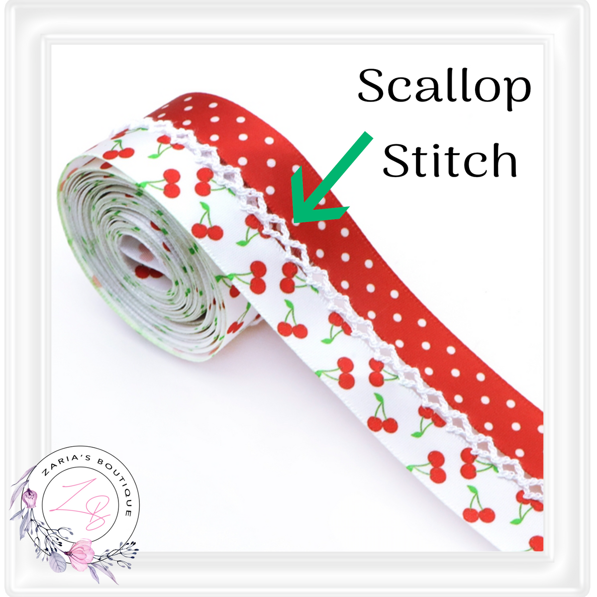 ⋅ RIBBON ⋅ 32mm Satin Scallop Stitch ⋅ Cherry Spots⋅ 1 Yard 90cm ⋅