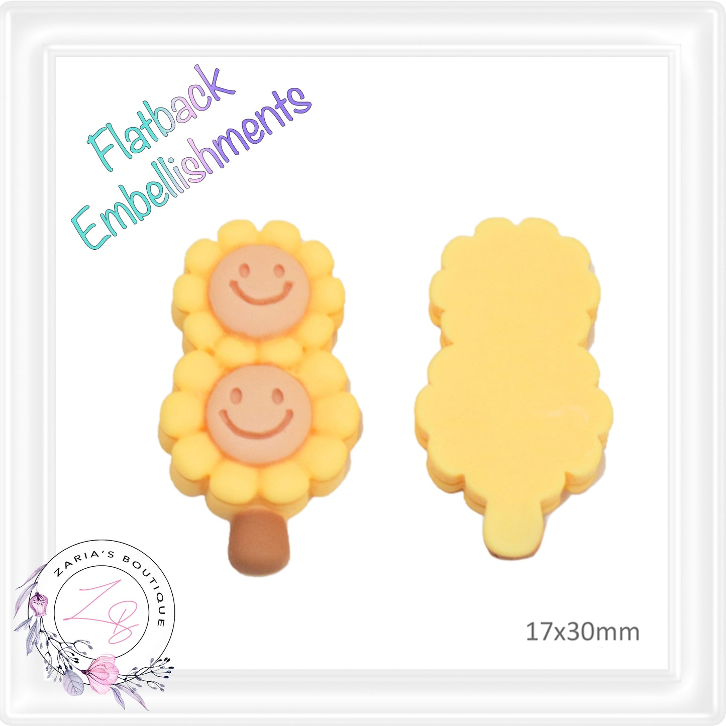 • Sunflower Smiley Icecream • Flat Back Cabochon Resin Craft Embellishments • Set of 2 •
