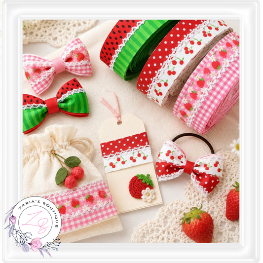 ⋅ RIBBON ⋅ 32mm Satin Scallop Stitch ⋅ Strawberry Gingham ⋅ 1 Yard 90cm ⋅