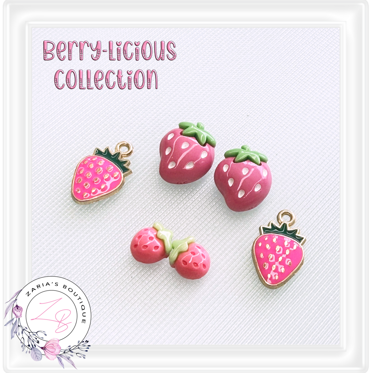 ⋅ Pink Strawberry Flatbacks ⋅ Resin Craft Embellishments ⋅ Per Pair ⋅ 3 Designs ⋅