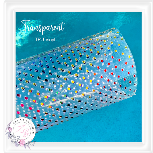 ⋅ Transparent TPU Clear Vinyl Sheets ⋅ Multicolour Metallic Rainbow Spots ⋅