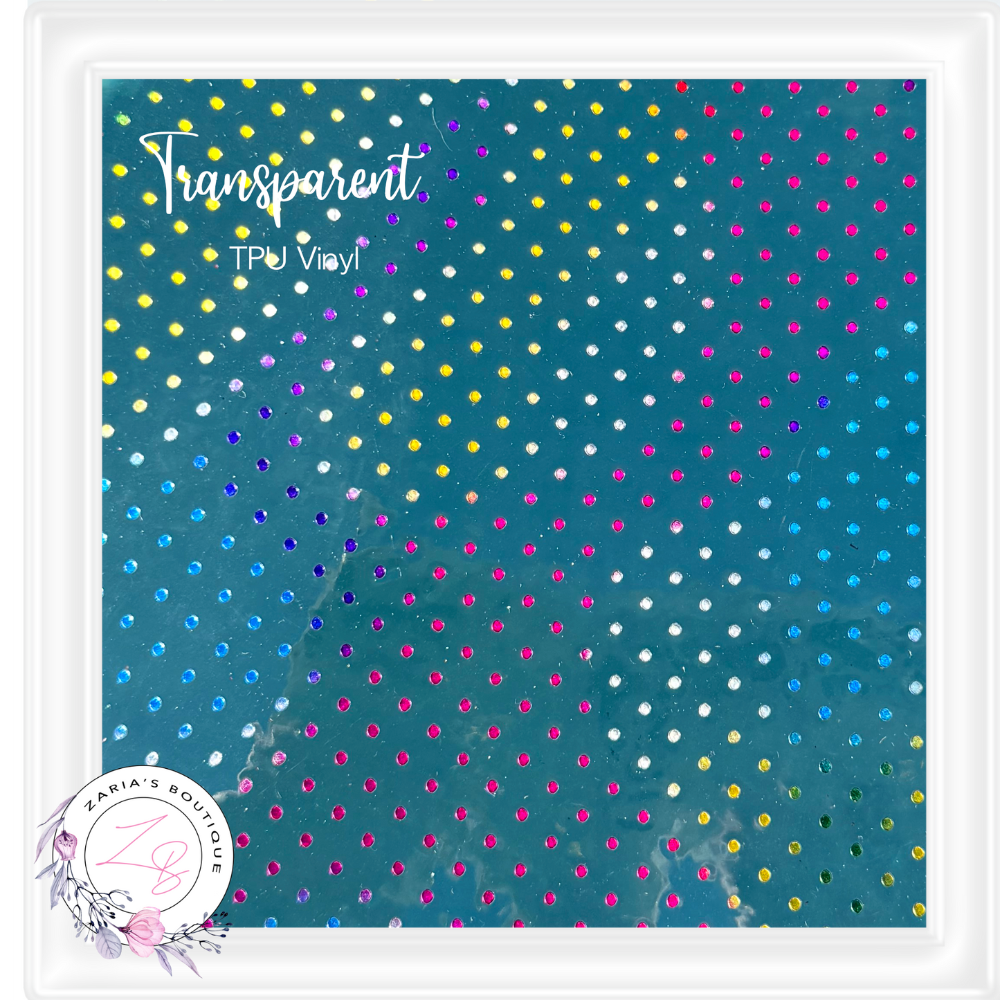 ⋅ Transparent TPU Clear Vinyl Sheets ⋅ Multicolour Metallic Rainbow Spots ⋅