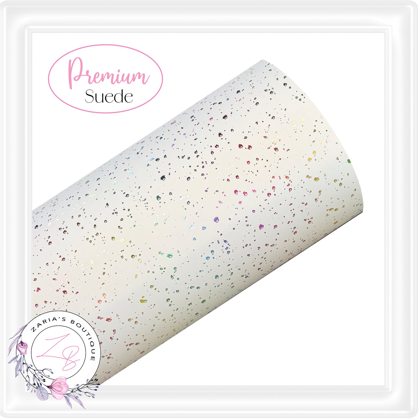 ⋅ White Holographic Rainbow Confetti ⋅ Premium Suede Faux Leather ⋅