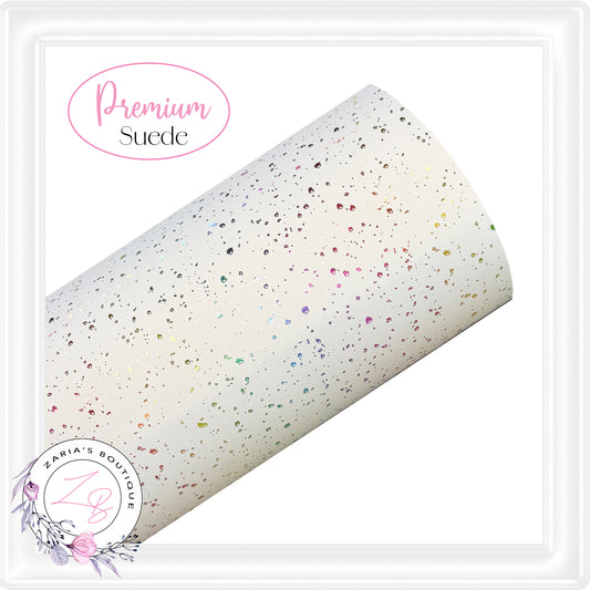 ⋅ White Holographic Rainbow Confetti ⋅ Premium Suede Faux Leather ⋅